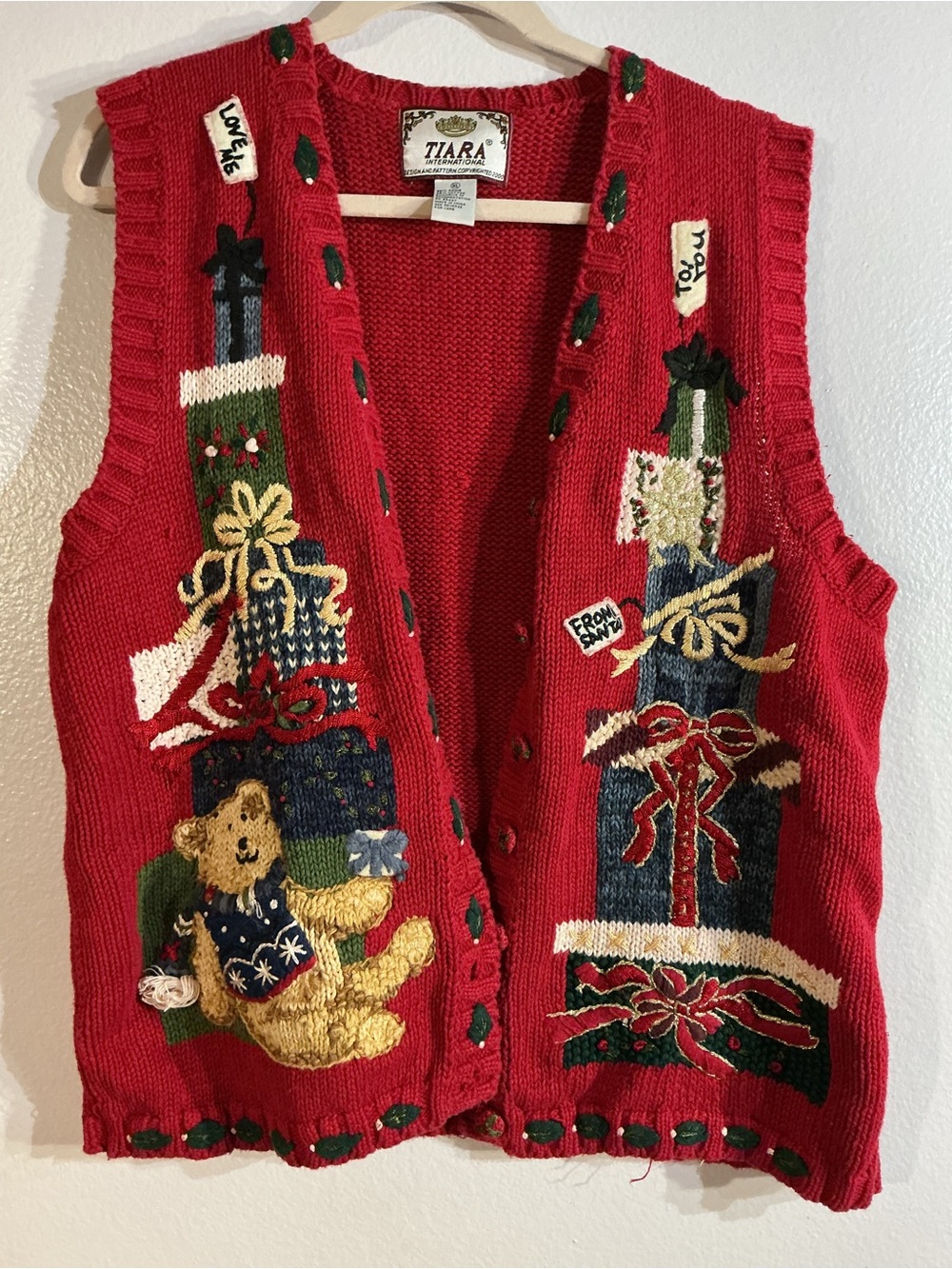 Tiara Red Festive Knit Holiday Vest with Gift & Bear Motifs